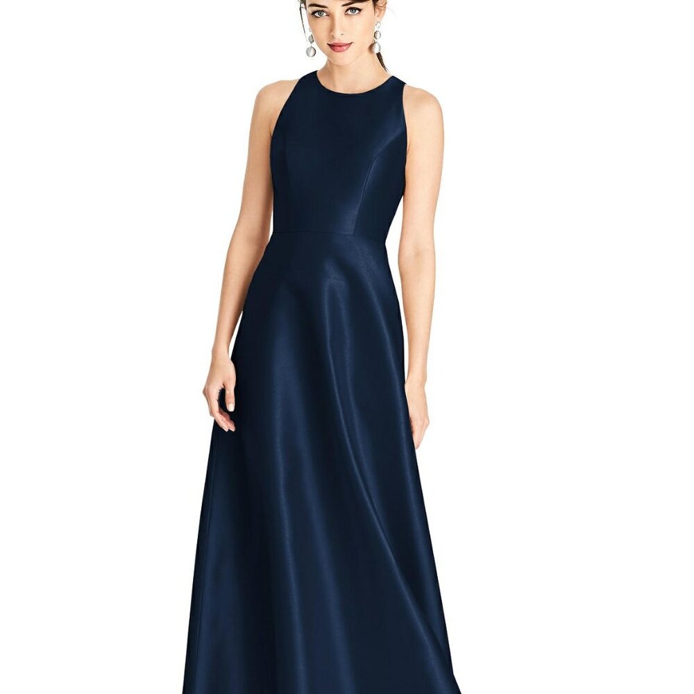 ALFRED SUNG Navy Blue Sleeveless Satin Maxi Dress